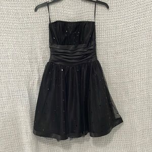 Black Satin & Tulle Strapless Dress with Accents. Excellent condition.